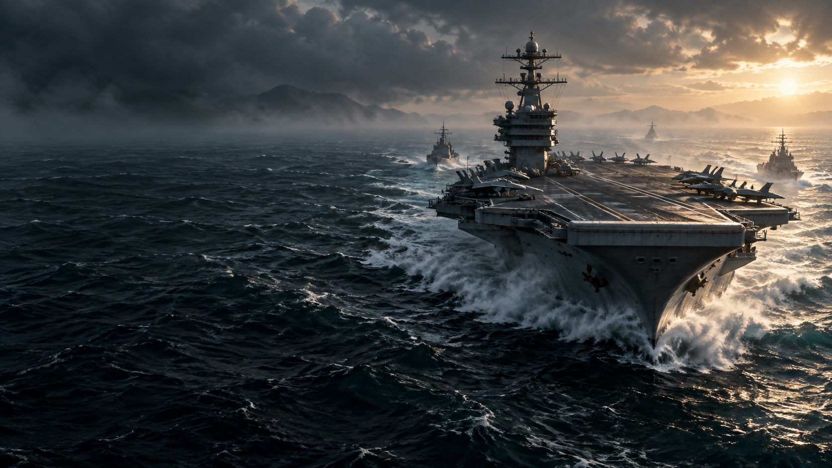 A carrier and its escorts cutting through a dark ocean beneath a break in the clouds.